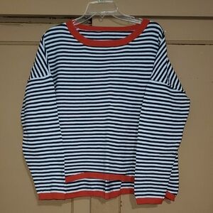 Striped Crew Neck Sweater - Black and White with Red Accents